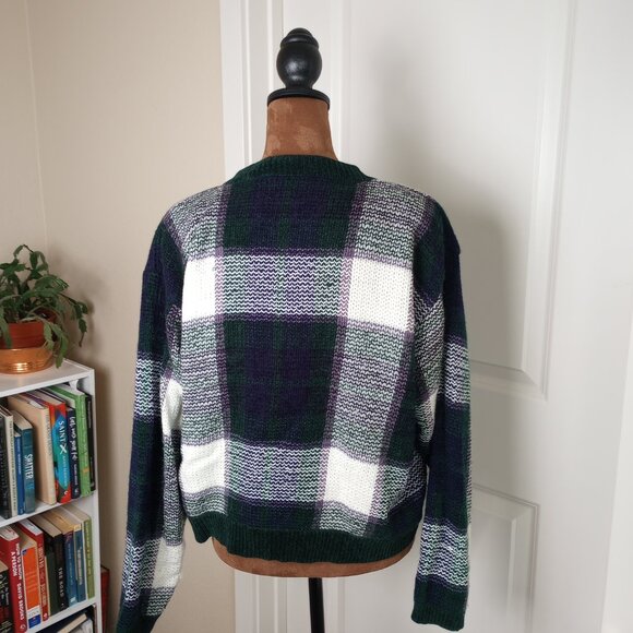 Preppy 90s Green Purple Plaid Cozy Cardigan Eclectic Buttons Christopher & Banks - Picture 5 of 6